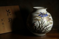 125九谷燒 名家 翡翠金彩手繪菖蒲