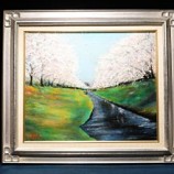 721手繪油畫 櫻花河岸