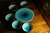 348湖水藍貫入茶承 鼓腹盞五客